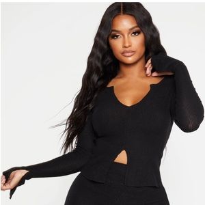 Black Brushed Rib Long Sleeve Top